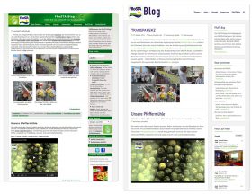 Screenshot vergleicht zwei Versionen der FRoSTA Blog-Webseite mit Werksbildern und Pfefferkörnern, aber unterschiedlichen Layouts.