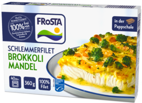 Eine Packung FRoSTA Schlemmerfilet Brokkoli Mandel zeigt gebackenes Fischfilet mit Brokkoli, Mandeln, Käse; auf der Verpackung sind Details und Garzeit aufgeführt.