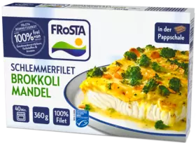 Eine Packung FRoSTA Schlemmerfilet Brokkoli Mandel zeigt gebackenes Fischfilet mit Brokkoli, Mandeln, Käse; auf der Verpackung sind Details und Garzeit aufgeführt.