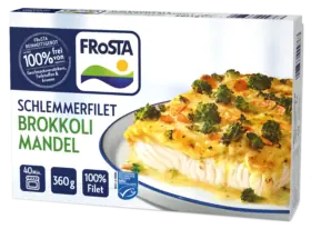 FRoSTA Tiefkühlprodukt: Schlemmerfilet Brokkoli-Mandel, 100 % Filet, Brokkoli und Mandeln, 40 Min. Backzeit, 360 g.