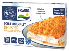 Verpackung von FRoSTA Schlemmerfilet Knusper Rosmarin Zitrone mit knusprigem Topping, Produktinfos und Zubereitungszeit.