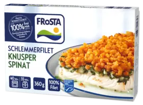 FRoSTA Schlemmerfilet Knusper-Spinat Tiefkühlprodukt: knuspriges Fischfilet mit Spinat, Angaben zu Zubereitungszeit, Gewicht und Qualität gut erkennbar.