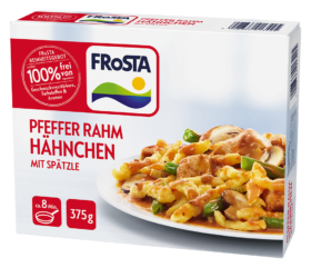 Eine Packung FRoSTA Pfeffer Rahm Hähnchen mit Spätzle zeigt cremiges Hähnchen, Pasta und Bohnen. FRoSTA: 8 Min. Zubereitung, 375g.