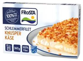Die FRoSTA Schlemmerfilet-Knusper-Käse-Box enthält 360 g paniertes Fischfilet mit Käse, hat eine Backzeit von 35 Minuten und garantiert 100 % FRoSTA-Filet.