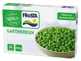 Eine Schachtel FRoSTA gefrorene Gartenerbsen (Gartenerbsen, TK Erbsen Bio) zeigt eine Schüssel Erbsen, 100 % natürliche Zutaten, 400 g.