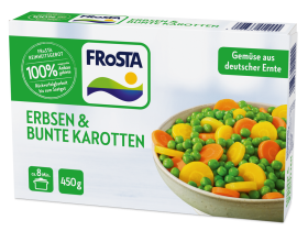 Eine Schachtel FRoSTA Tiefkühlgemüse, Erbsen & Bunte Karotten, mit deutscher Ernte und 450 g, zeigt Erbsen und Karotten in einer farbenfrohen Schale.