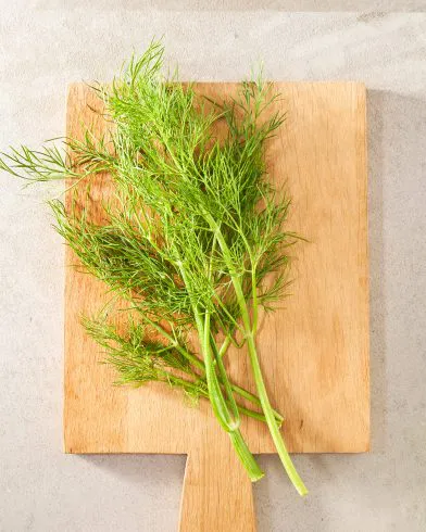 Federgrüne Dillzweige liegen auf einem Holzbrett, perfekt als frisches Topping für FRoSTA Tiefkühlprodukte, fotografiert von oben.