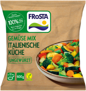 Eine Packung FRoSTA Gemüse Mix Italienische Küche: vegan, ungewürzt, 600g, 100% natürliche Zutaten – echtes italienisches Gemüse genießen!.