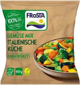 Eine Packung FRoSTA Gemüse Mix Italienische Küche: vegan, ungewürzt, 600g, 100% natürliche Zutaten – echtes italienisches Gemüse genießen!.