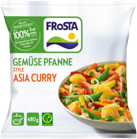 Eine Packung FRoSTA asiatische Gemüsepfanne Style Asia Curry – 100% frei von Zusätzen, 480g, Gemüse zeigt und Nudeln in einer Schale.