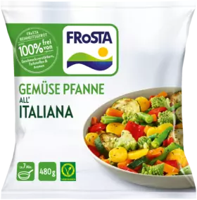 Eine 480g-Packung FRoSTA italienische Gemüsepfanne all’ Italiana zeigt buntes, vegetarisches Gemüse auf der Vorderseite.