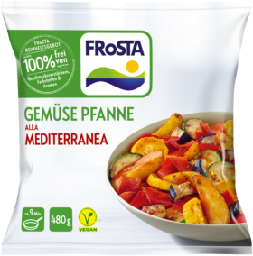 Eine Packung FRoSTA Gemüsepfanne alla mediterranea zeigt eine Schüssel mit buntem Gemüse. Vegan, ohne Zusatzstoffe, 480g. Nur original FRoSTA!.