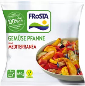 Eine Packung FRoSTA Gemüsepfanne alla mediterranea zeigt eine Schüssel mit buntem Gemüse. Vegan, ohne Zusatzstoffe, 480g. Nur original FRoSTA!.