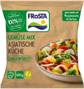 Eine Packung FRoSTA Asia Gemüse Mix, ungewürzt, vegan, 600g, mit Wasserkastanien und Choy Sum – buntes FRoSTA Tiefkühlprodukt.