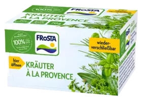 Eine Schachtel FRoSTA Kräuter Provence Kräutermischung mit grünen Kräutern, die 100 % natürliche Zutaten aufweist und auf der Verpackung wiederverschließbar ist.
