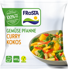 Eine Packung FRoSTA Gemüse Pfanne Curry Kokos (480g) mit buntem Gemüse; die vegane Verpackung unterstreicht den exotischen FRoSTA Curry Kokos-Geschmack.
