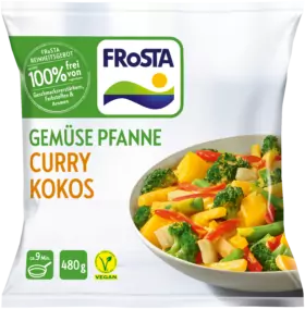 Eine Packung FRoSTA Gemüse Pfanne Curry Kokos (480g) mit buntem Gemüse; die vegane Verpackung unterstreicht den exotischen FRoSTA Curry Kokos-Geschmack.