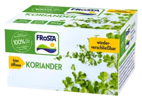 Eine rechteckige FRoSTA-Tiefkühlbox mit Koriander zeigt frische Blätter, grün-gelbe Etiketten und wiederverschließbare Verpackung.