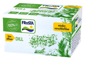 Eine rechteckige FRoSTA-Tiefkühlbox Dill mit weiß-grüner Verpackung, Dillabbildungen und deutschen Hinweisen auf frische und natürliche Zutaten.