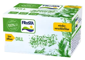 Eine rechteckige FRoSTA-Tiefkühlbox Dill mit weiß-grüner Verpackung, Dillabbildungen und deutschen Hinweisen auf frische und natürliche Zutaten.