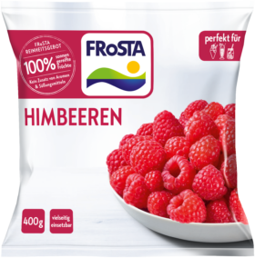 Eine Packung FRoSTA Himbeeren-Tiefkühlprodukte (400g) ohne Zusatz von Aromen oder Süßstoffen, mit Himbeeren-Abbildung vorn.