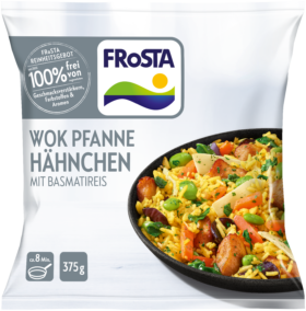 Eine Packung FRoSTA Wok Pfanne Hähnchen mit Basmatireis mit Huhn, Reis und Gemüse. Schnelle Zubereitung in ca. 8 Minuten.