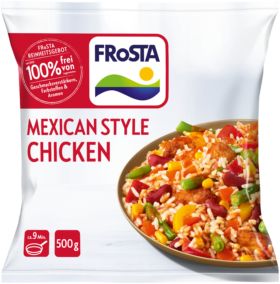 Eine Packung FRoSTA Mexican Chicken mit Reis, Gemüse und Hähnchen. Ohne Zusatz-, Aroma- und Farbstoffe. Gewicht: 500 g.