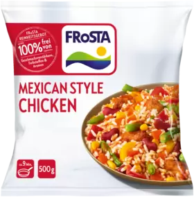 Eine Packung FRoSTA Mexican Chicken mit Reis, Gemüse und Hähnchen. Ohne Zusatz-, Aroma- und Farbstoffe. Gewicht: 500 g.