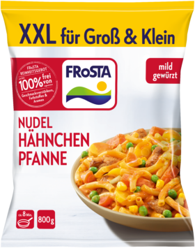 Eine Packung FRoSTA XXL Nudel Pfanne Hähnchen zeigt Pasta mit Hähnchen, Erbsen, Gemüse; mild gewürzt, 800g, rote und gelbe Akzente.