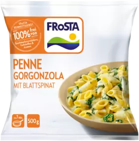 Eine Packung FRoSTA Penne Gorgonzola Spinat: gekochte Nudeln in cremiger Sauce mit frischem Spinat, 100 % ohne Zusatzstoffe, 500 g.