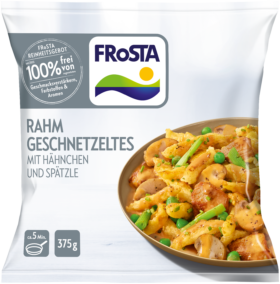 Eine Packung FRoSTA Rahmgeschnetzeltes mit Hähnchen und Spätzle, abgebildet mit Pilzen, Erbsen und Pasta auf hellem FRoSTA-Design.