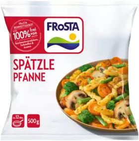 Eine Packung FRoSTA Spätzle Pfanne zeigt Spätzle, Brokkoli, Karotten, grüne Bohnen & Pilze. Keine Zusatzstoffe. 500g. Ein FRoSTA Tiefkühlprodukt.