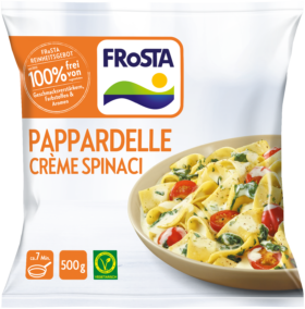 Eine Packung FRoSTA Pappardelle Crème Spinaci mit Spinat, Kirschtomaten und Sahnesauce. 500 g vegetarisches FRoSTA-Gericht – köstlich!.