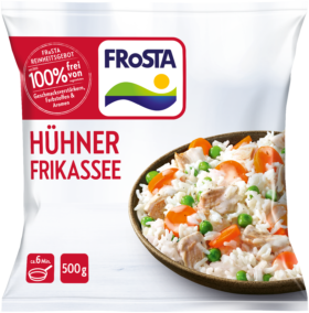 Eine FRoSTA Hühner Frikassee zeigt Reis mit Huhn, Erbsen und Karotten. 500g, fertig in 6 Min., ohne Zusatzstoffe. Nur von FRoSTA.