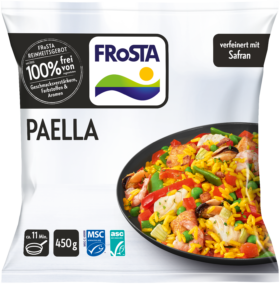 Eine Packung FRoSTA Paella Tiefkühlprodukt: bunte Paella mit Meeresfrüchten, verfeinert mit Safran, ohne Zusatzstoffe.