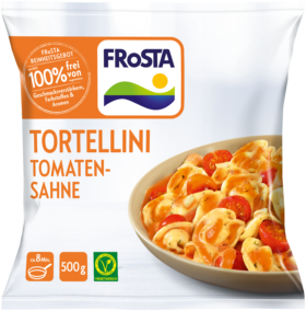 Eine Packung FRoSTA Tortellini Tomaten-Sahne: 500g, vegetarisch, frei von Zusatzstoffen und Farbstoffen – leckere FRoSTA Tiefkühlprodukte genießen!.