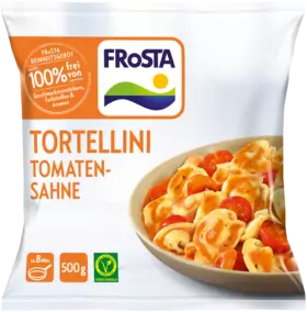 Eine Packung FRoSTA Tortellini Tomaten-Sahne: 500g, vegetarisch, frei von Zusatzstoffen und Farbstoffen – leckere FRoSTA Tiefkühlprodukte genießen!.