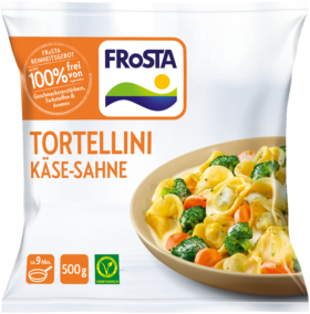 Eine Packung FRoSTA Tortellini Käse-Sahne: vegetarisch, 500g, mit Gemüse und cremiger Soße, zubereitet in ca. 9 Minuten.