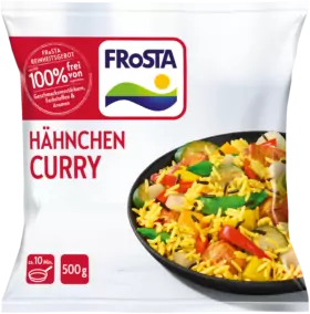 Eine Packung FRoSTA Hähnchen Curry Tiefkühlgericht: gelber Curryreis mit Hähnchenfleisch, roten Paprika, grünen Bohnen und Karotten; appetitlich verpackt.