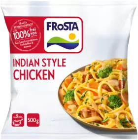 Ein FRoSTA Hähnchen nach indischer Art: Nudeln, Gemüse, Hähnchen in Curry-Sauce. Ohne Zusätze, 500g, in ca. 9 Min. zubereitet – echtes FRoSTA-Tiefkühlprodukt!.