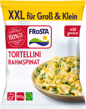 Eine Packung FRoSTA Tortellini mit Spinat-Rahmspinat: cremig, mild gewürzt, 800g, XXL für Groß & Klein – natürlich ohne Zusätze.