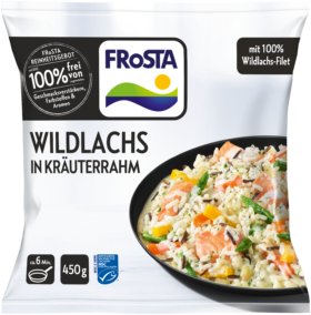 Eine Packung FRoSTA Wildlachs im Kräuterrahm: cremiger Reis, FRoSTA Wildlachs, Gemüse, Kräuter; 100 % Wildlachsfilet, 450 g.