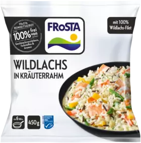 Eine Packung FRoSTA Wildlachs im Kräuterrahm: cremiger Reis, FRoSTA Wildlachs, Gemüse, Kräuter; 100 % Wildlachsfilet, 450 g.