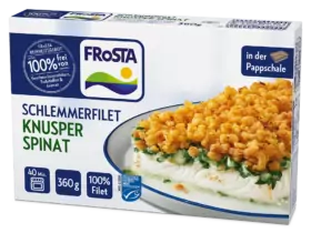 Eine Schachtel FRoSTA Schlemmerfilet Knusper Spinat: gebackenes Fischfilet, knusprige Semmelbrösel, Spinat. 100 % Filet, 360 g, in einer Kartonschale.