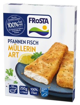 Eine Packung FRoSTA Pfannen Fisch Müllerin Art zeigt zwei panierte Filets mit Zitrone, 100% Filet, 250g und FRoSTA-typischem blauen Design.