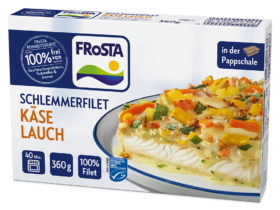 Eine Schachtel FRoSTA Schlemmerfilet Käse Lauch: gebackenes Fischfilet mit Käse, Lauch, Gemüse. 100 % Filet, 360 g, umweltfreundliche FRoSTA-Qualität.
