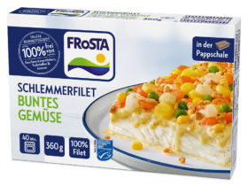 Eine Packung FRoSTA Schlemmerfilet mit Gemüse: gebackenes Fischfilet mit Gemüse, 100% Filet, 360g, in der Pappschale.