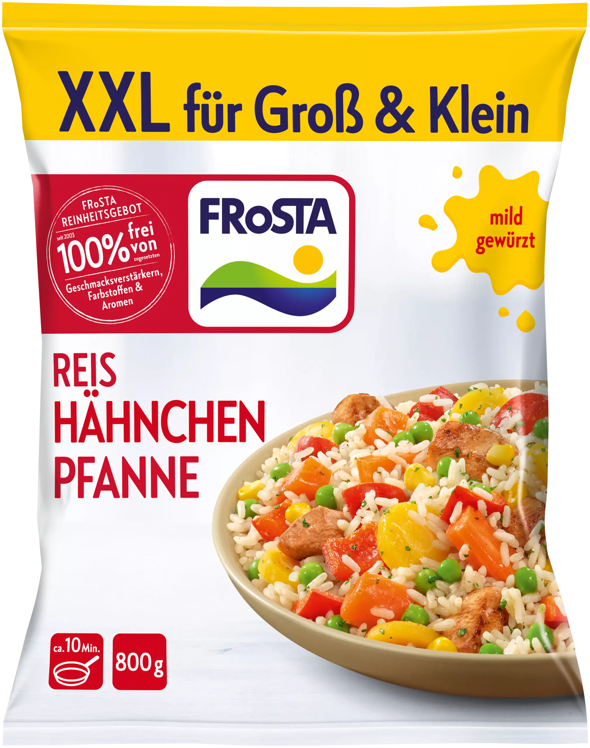 Eine Packung „FRoSTA XXL Reispfanne mit Hähnchen“ (Tiefkühlgericht), 800 g, Reis, Hähnchen, Gemüse; weiße/gelbe/rote Verpackung mit Foto des Gerichts.