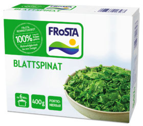 Eine Packung FRoSTA Blattspinat (400 g), mit einer Schale Spinat, einem Hauch Koriander, 6 Min. Kochzeit und einem Etikett für 100 % Reinheit und Rückverfolgbarkeit.