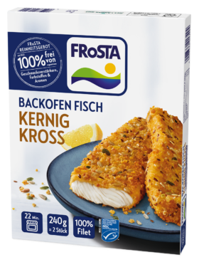 Eine Packung FRoSTA Backofen Fisch Kernig Kross: Zwei knusprige Filets, Zitronenspalte, 100 % Filet, pur – fertig in 22 Minuten aus Ihrem Backofen.